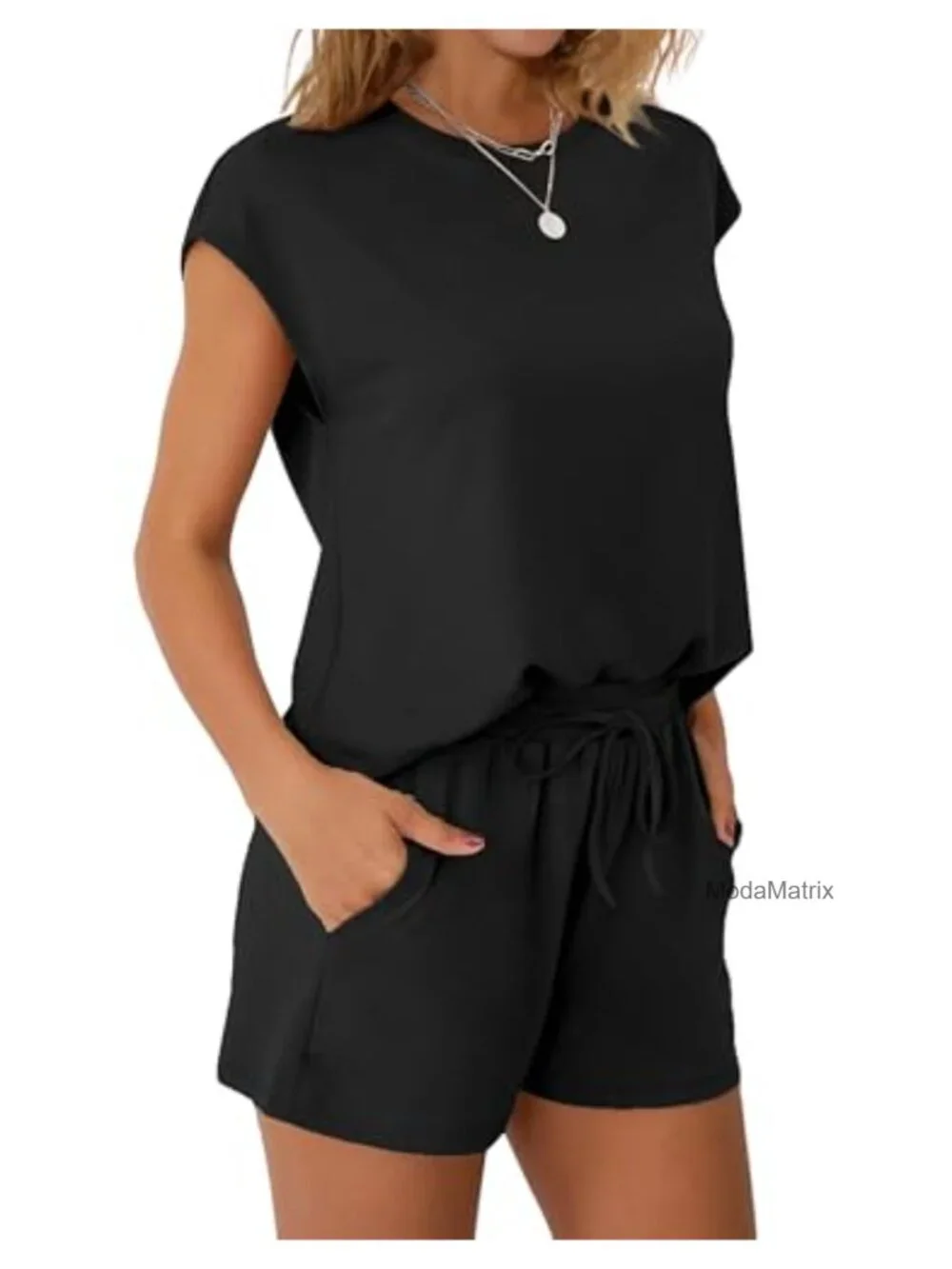 Two Piece Lounge Short Set Women Summer Crew Neck Drawstring Sweatsuit